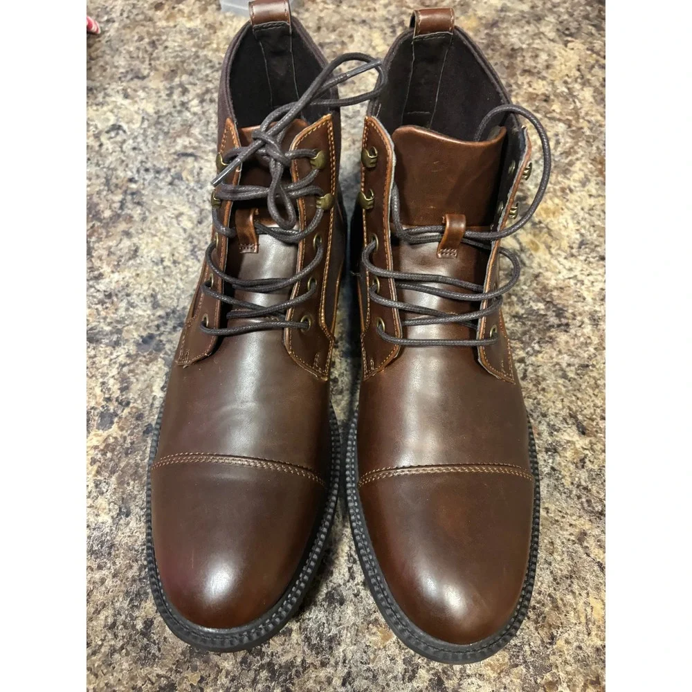 Mens Brown Cap Toe Lace Up Combat Boots Mixed Material Roll Boot B 10.5M